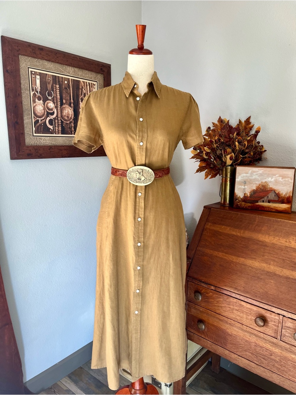 Ralph Lauren Western 100% Linen Dress Puff sleeve Cafe Brown MOP Buttons